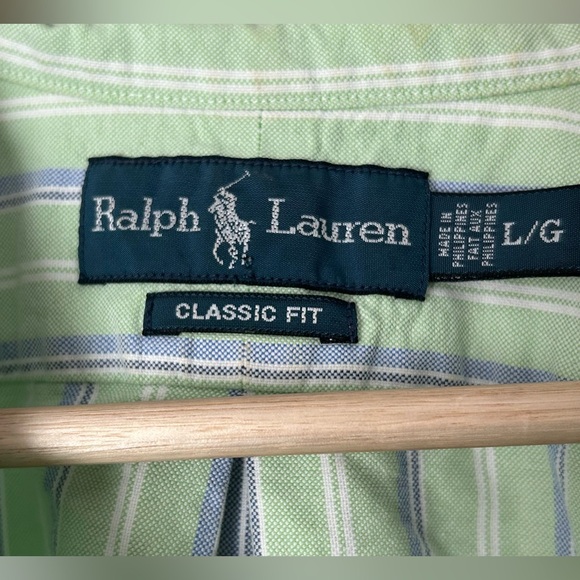 Ralph Lauren green, blue, and white striped short-sleeved shirt. - Picture 5 of 5